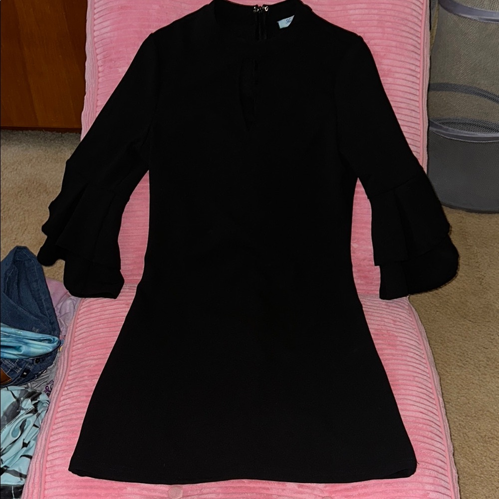 She + Sky Black Ruffled Sheath Dress with Bell Sleeves
